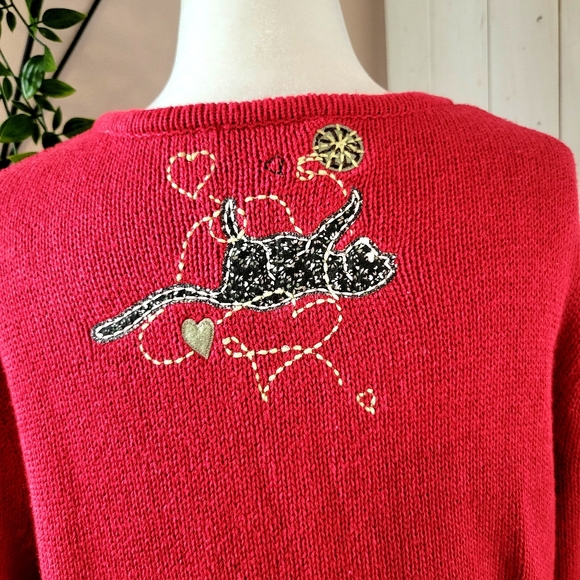 VINTAGE 80's CAT LOVERS COTTON CARDIGAN RED - Picture 5 of 8